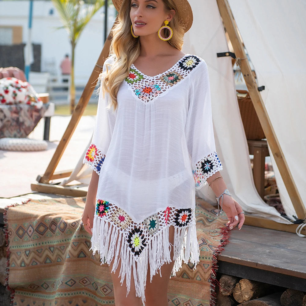 CROCHET BIKINI White Bikini Cover Up With Fringe Trim Women Sexy Hollow Tunic Beach Dress