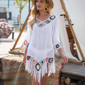 CROCHET BIKINI White Bikini Cover Up With Fringe Trim Women Sexy Hollow Tunic Beach Dress