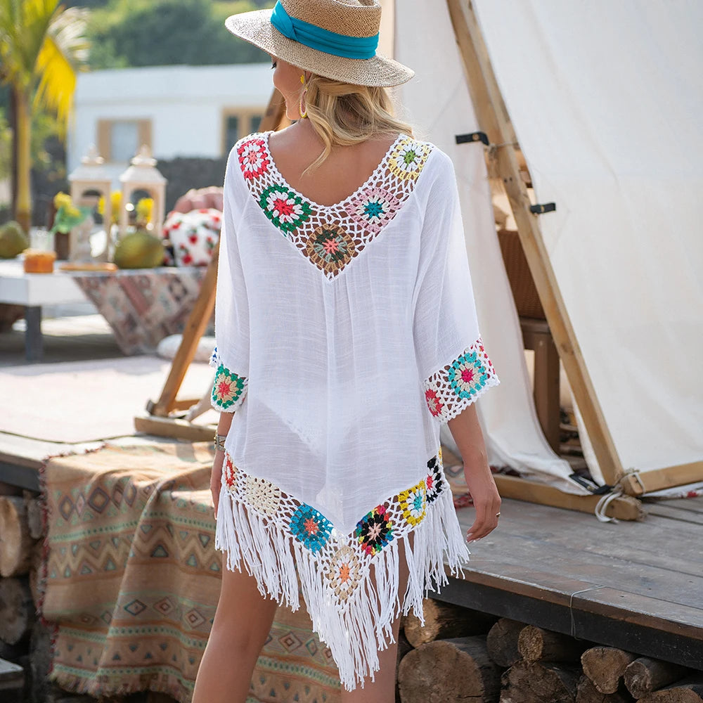 CROCHET BIKINI White Bikini Cover Up With Fringe Trim Women Sexy Hollow Tunic Beach Dress