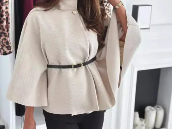 Button Half Turtleneck Bat Sleeve Belt Coat Autumn Commuting Woolen Women Clothing