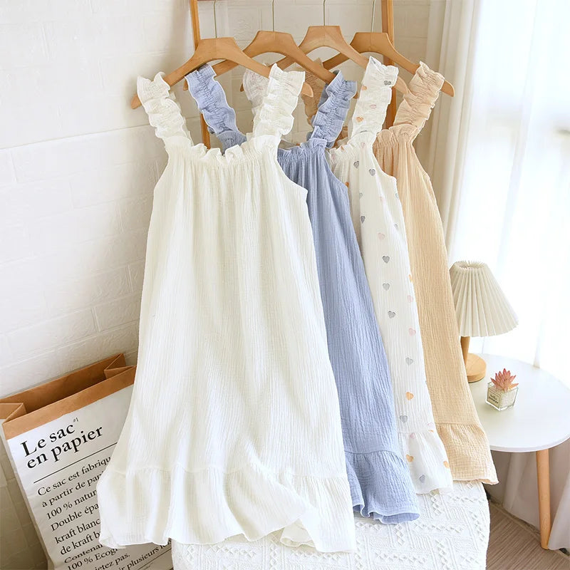 women's summer cotton yarn, pure cotton suspender sleepwear loose medium to long sweet and cute long skirt home wear