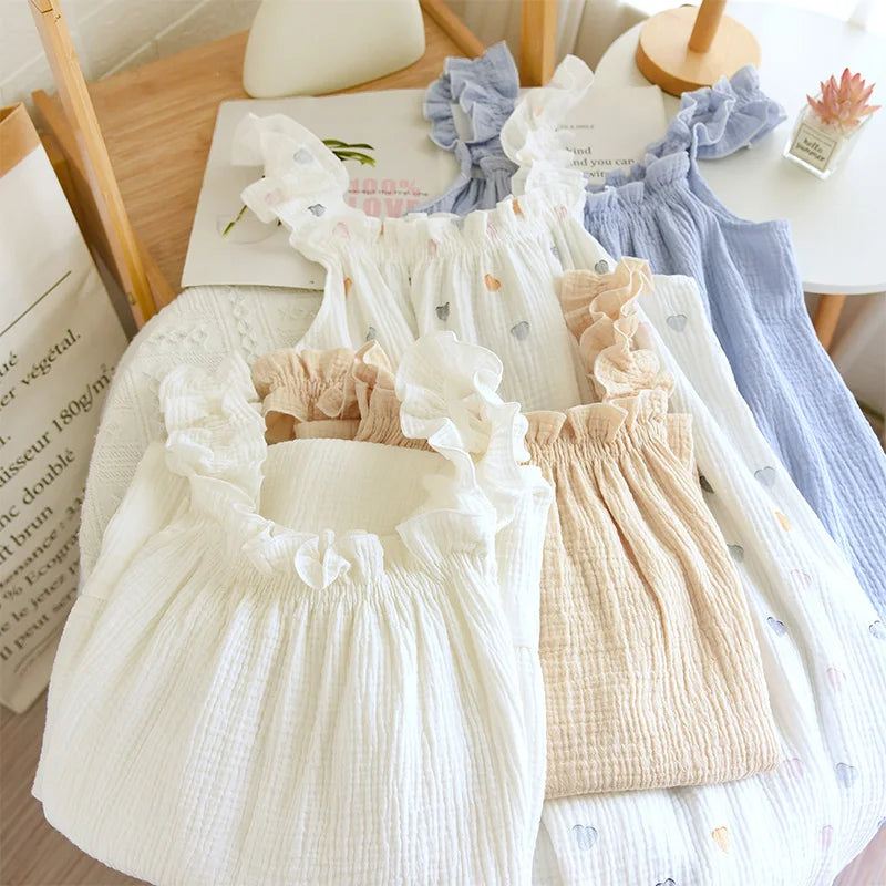 women's summer cotton yarn, pure cotton suspender sleepwear loose medium to long sweet and cute long skirt home wear