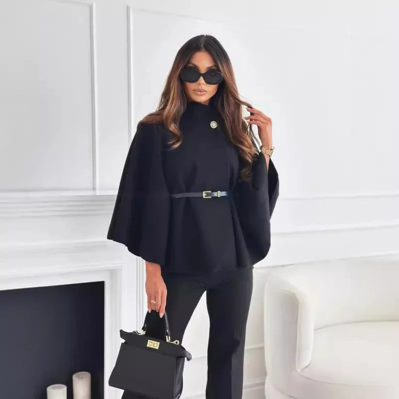 Button Half Turtleneck Bat Sleeve Belt Coat Autumn Commuting Woolen Women Clothing