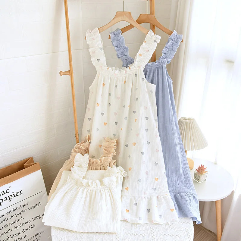 women's summer cotton yarn, pure cotton suspender sleepwear loose medium to long sweet and cute long skirt home wear