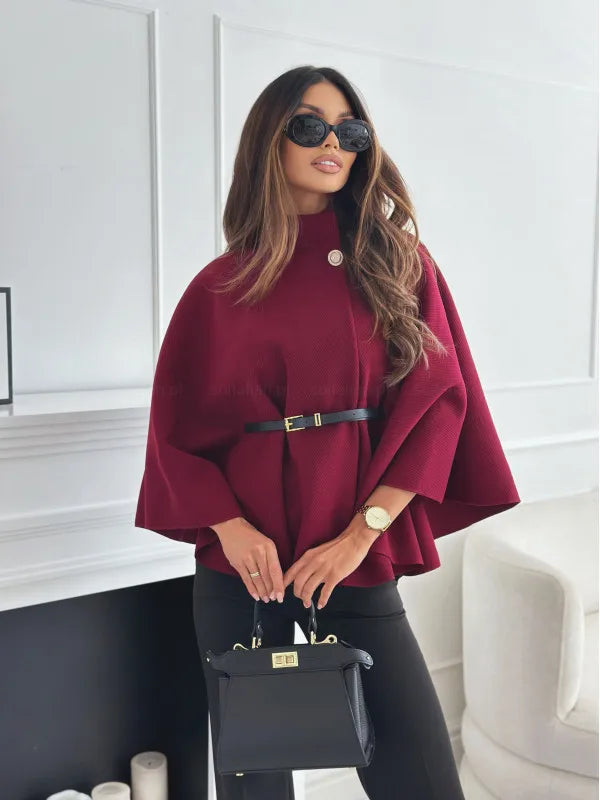 Button Half Turtleneck Bat Sleeve Belt Coat Autumn Commuting Woolen Women Clothing