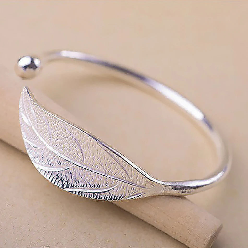 Silver Woman Cuff Bracelet Open Leaf Shaped Adjustable Charm Bangle