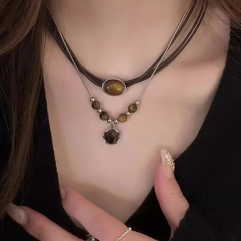 Leather Brown Stone Necklace Women's Jewelry