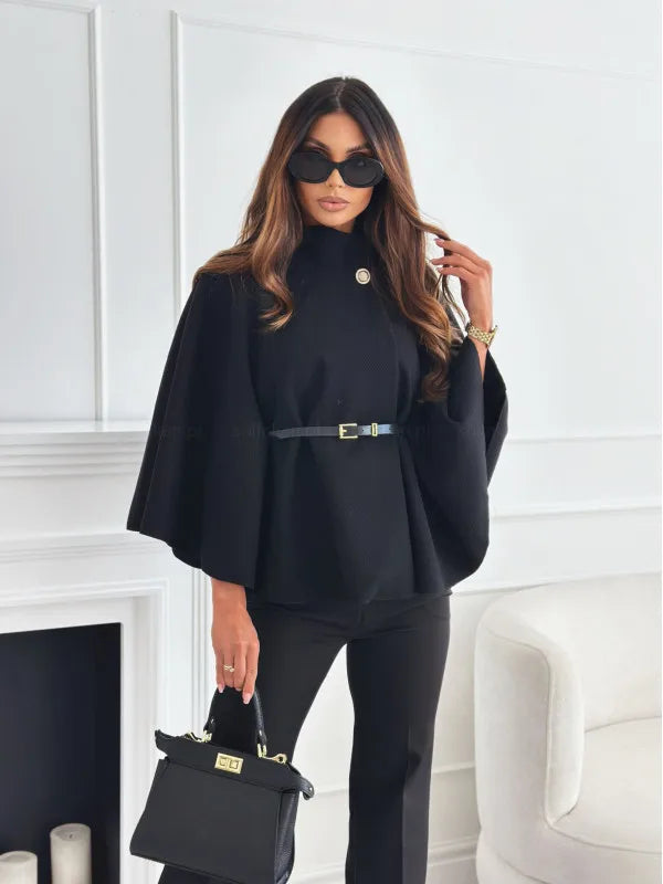 Button Half Turtleneck Bat Sleeve Belt Coat Autumn Commuting Woolen Women Clothing
