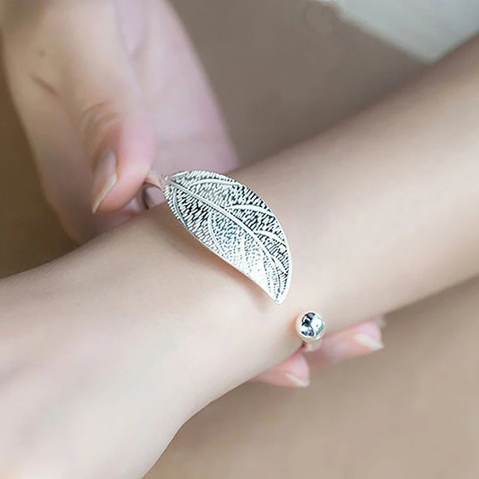 Silver Woman Cuff Bracelet Open Leaf Shaped Adjustable Charm Bangle