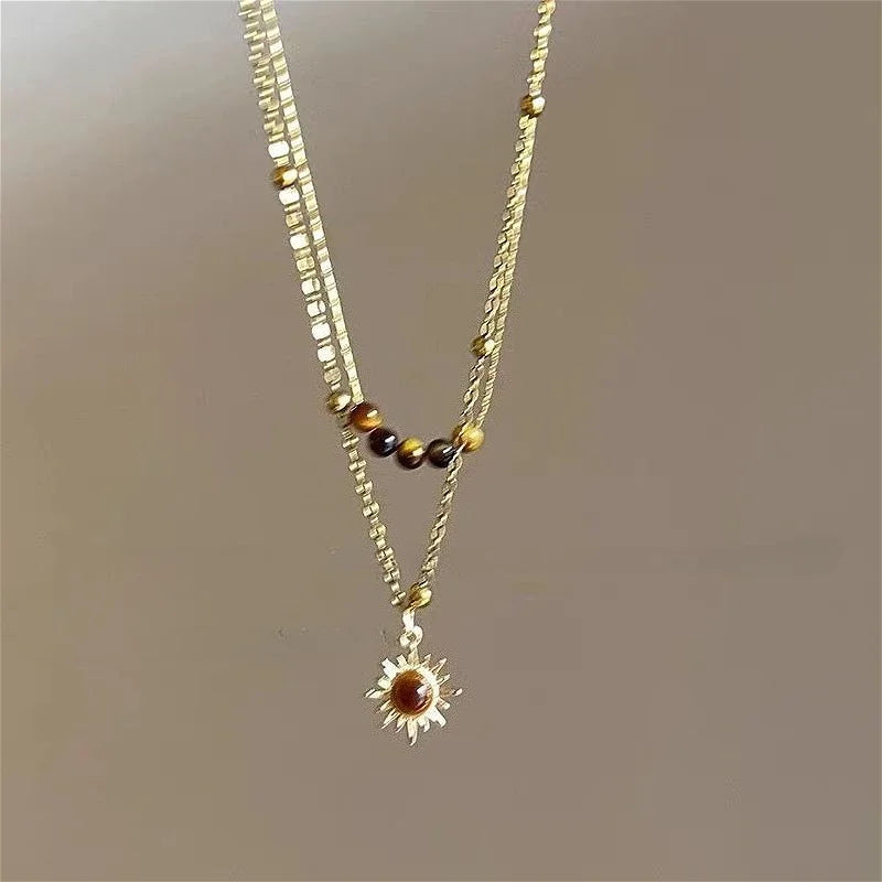 Leather Brown Stone Necklace Women's Jewelry