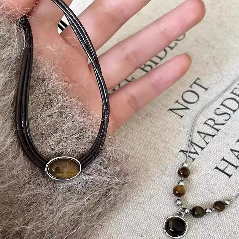Leather Brown Stone Necklace Women's Jewelry