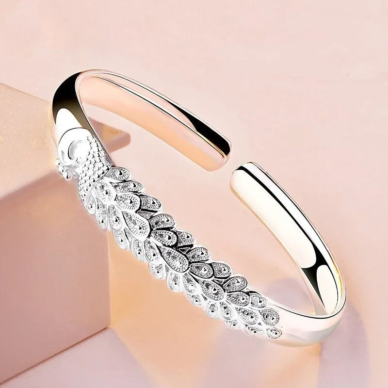Sterling Silver Woman Cuff Bracelet Open Leaf Shaped Adjustable Charm Bangle