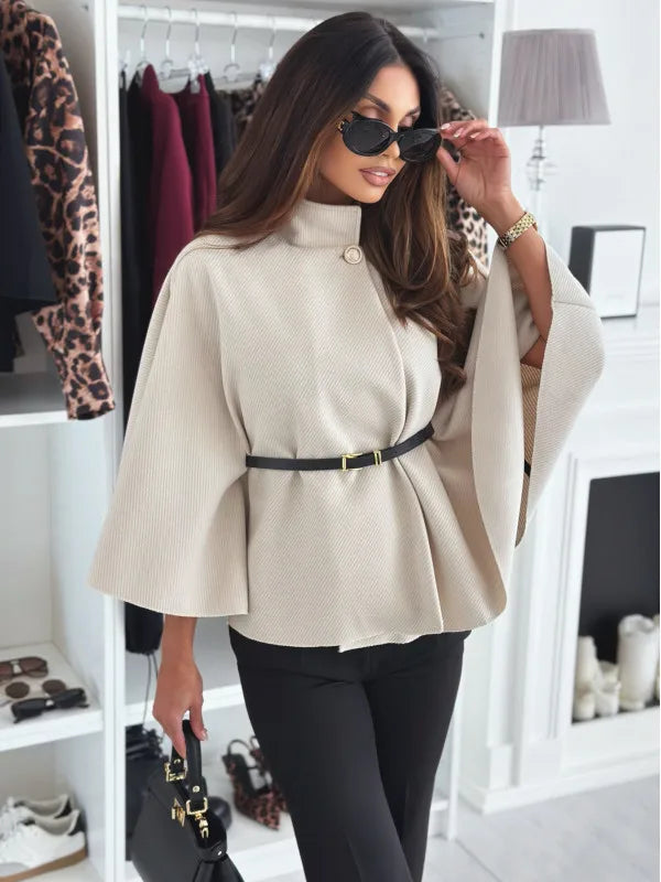 Button Half Turtleneck Bat Sleeve Belt Coat Autumn Commuting Woolen Women Clothing