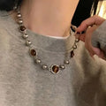 Leather Brown Stone Necklace Women's Jewelry