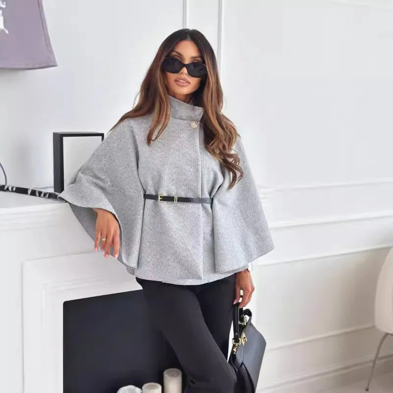 Button Half Turtleneck Bat Sleeve Belt Coat Autumn Commuting Woolen Women Clothing