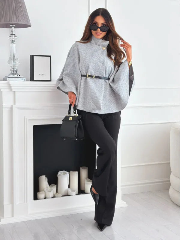 Button Half Turtleneck Bat Sleeve Belt Coat Autumn Commuting Woolen Women Clothing