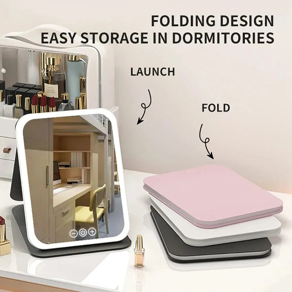 USB Rechargeable 3 Colors LED Makeup Mirror PTouch Dimmable 3 Brightness Foldable for Travel Office Home