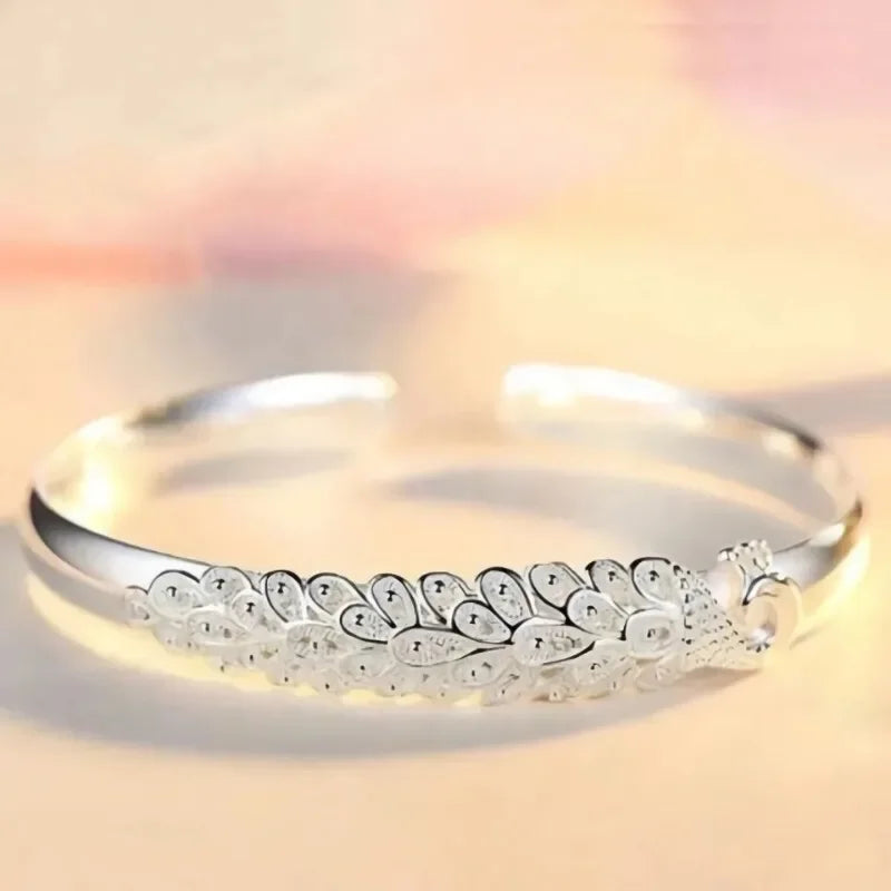Sterling Silver Woman Cuff Bracelet Open Leaf Shaped Adjustable Charm Bangle