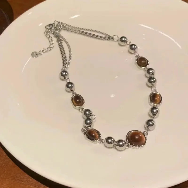 Leather Brown Stone Necklace Women's Jewelry
