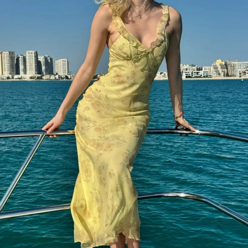 Cryptographic Summer Floral Print Plunge Maxi Dress Outfits Sexy Backless Fairy Sun Dresses Vacation Beachwear Vestido Coquette
