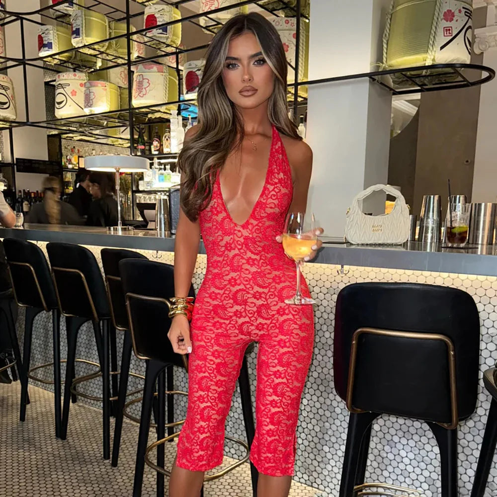 Avrilyaan Lace Seven-Point Long Pants Bodycon Sexy Party Deep V Playsuits Women Rompers Women
