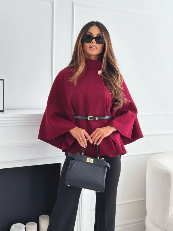 Button Half Turtleneck Bat Sleeve Belt Coat Autumn Commuting Woolen Women Clothing