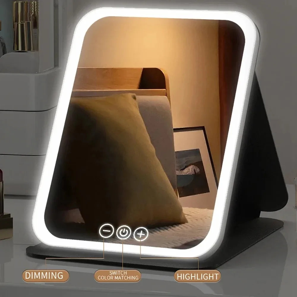 USB Rechargeable 3 Colors LED Makeup Mirror PTouch Dimmable 3 Brightness Foldable for Travel Office Home