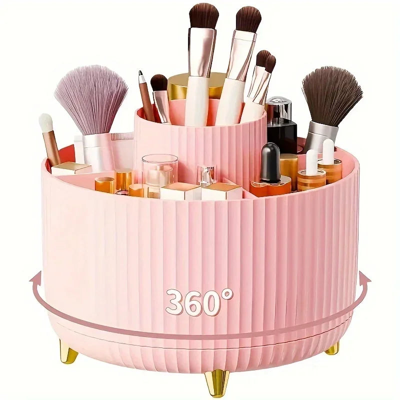360° Rotating Makeup Organizer - 1pc Plastic Cosmetic Storage with 5 Compartments