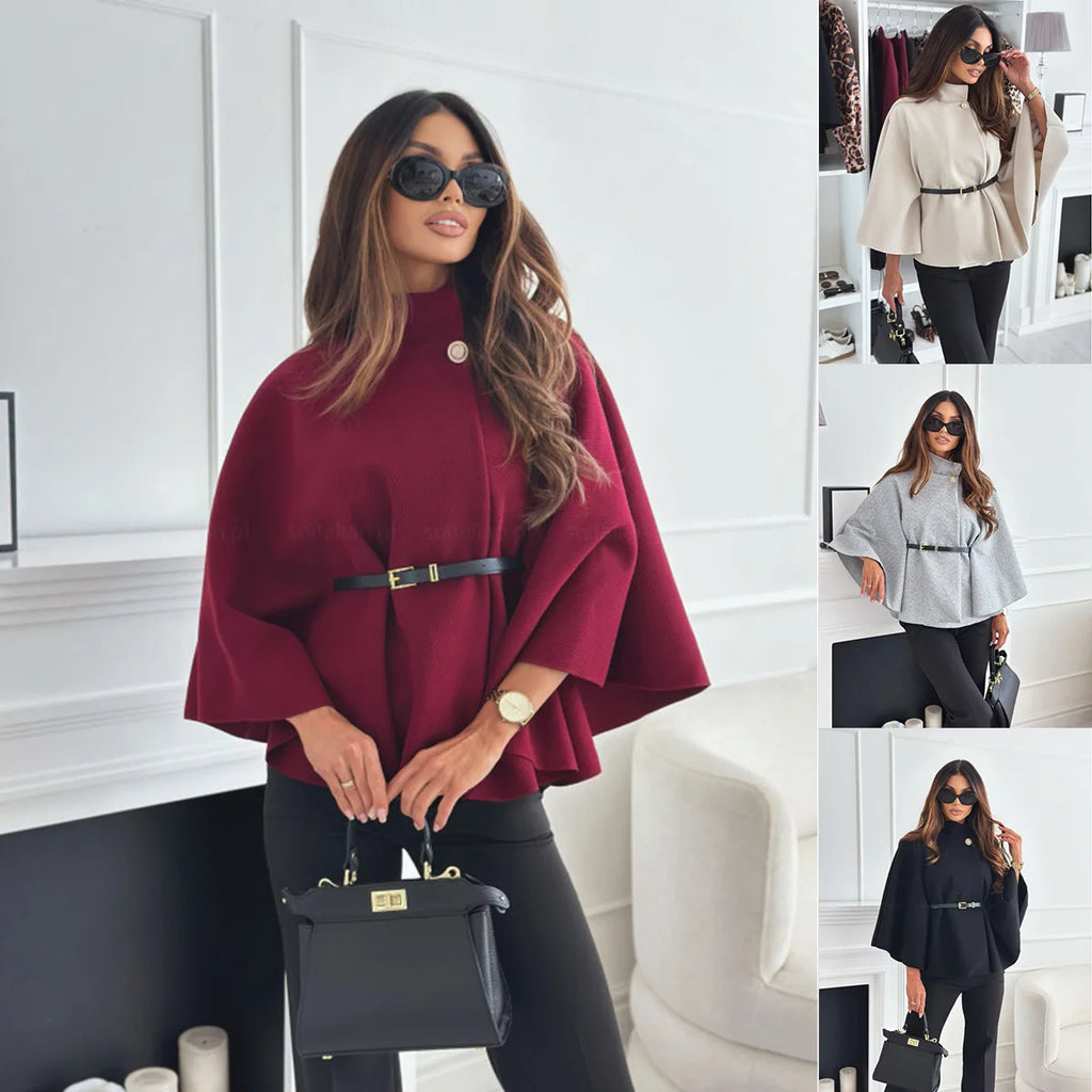 Button Half Turtleneck Bat Sleeve Belt Coat Autumn Commuting Woolen Women Clothing