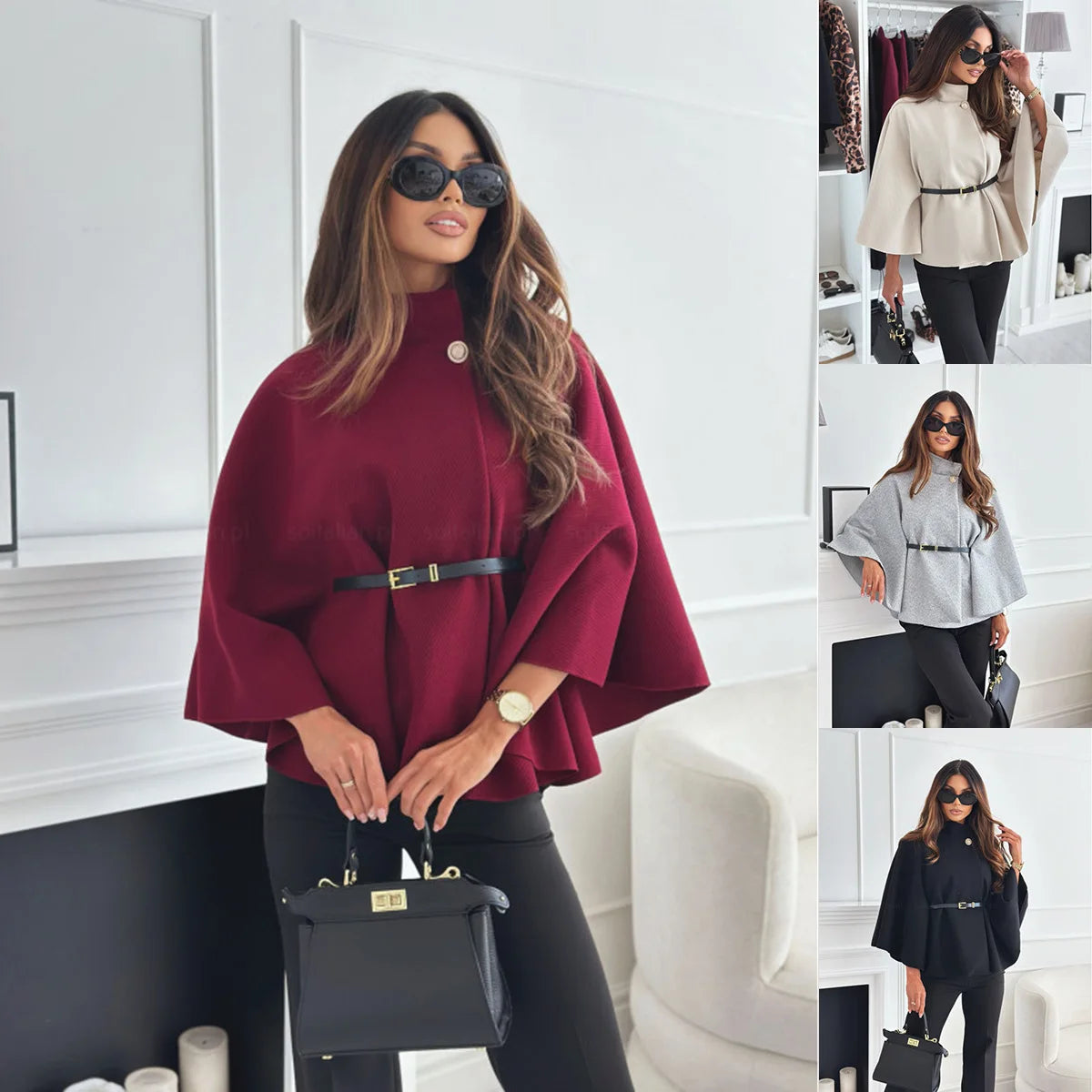 Button Half Turtleneck Bat Sleeve Belt Coat Autumn Commuting Woolen Women Clothing