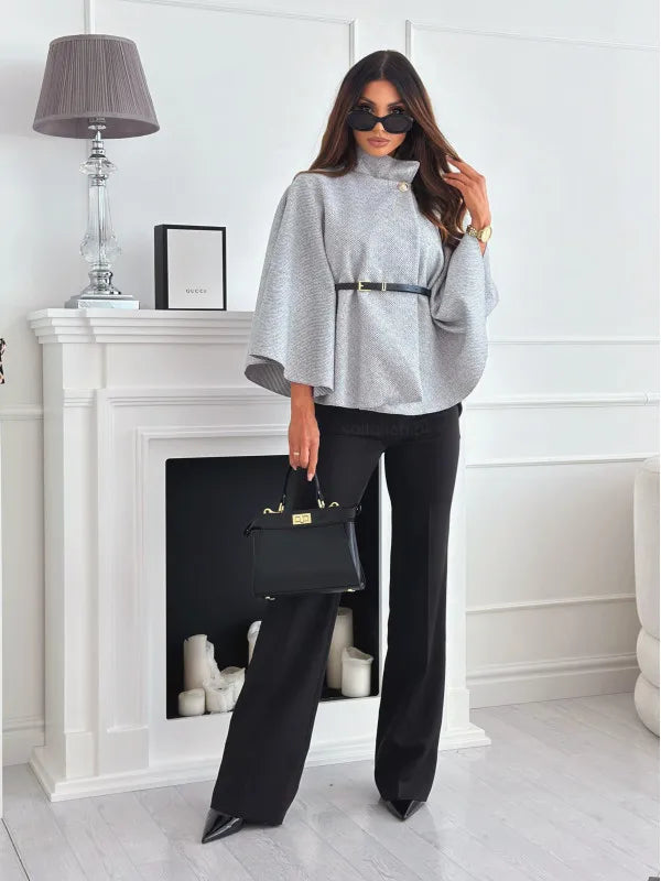 Button Half Turtleneck Bat Sleeve Belt Coat Autumn Commuting Woolen Women Clothing