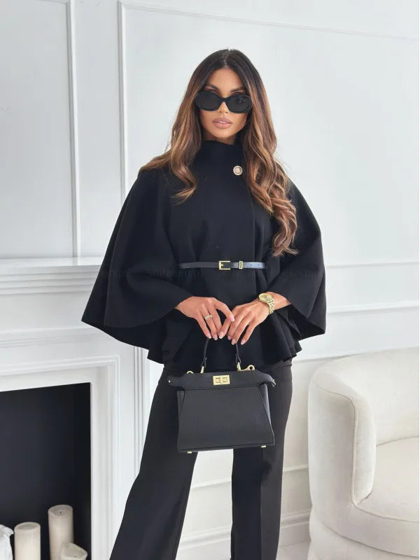 Button Half Turtleneck Bat Sleeve Belt Coat Autumn Commuting Woolen Women Clothing