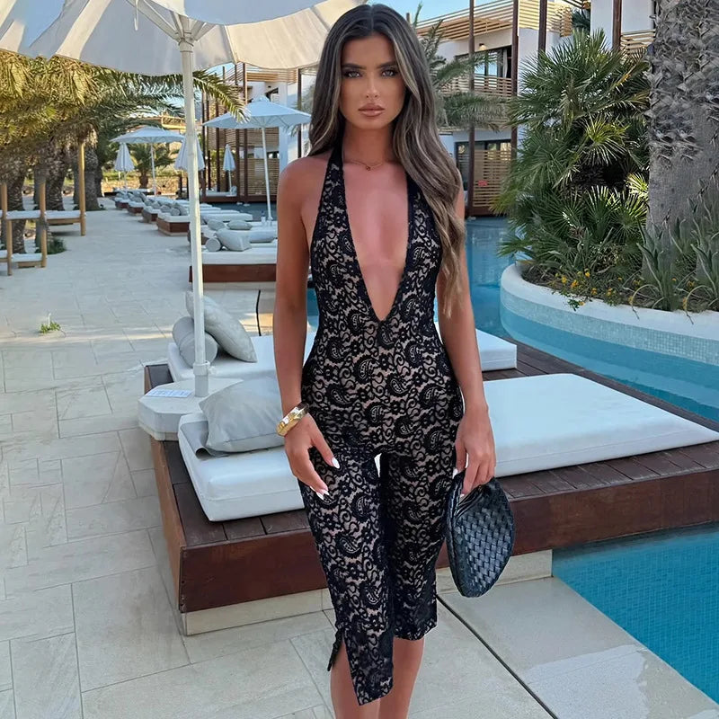 Avrilyaan Lace Seven-Point Long Pants Bodycon Sexy Party Deep V Playsuits Women Rompers Women