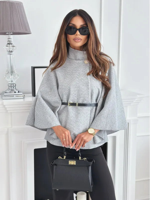 Button Half Turtleneck Bat Sleeve Belt Coat Autumn Commuting Woolen Women Clothing