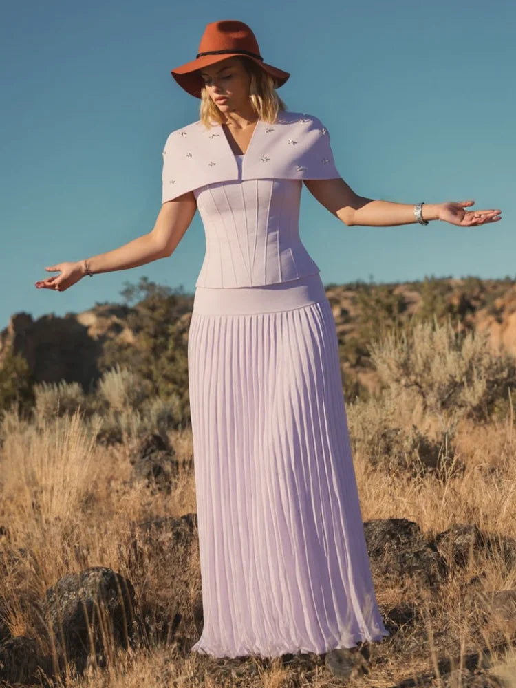 Elegant Shawl Pleated Diamonds Long Dress Women Sleeveless High Waist Slim Patchwork Evening Dresses