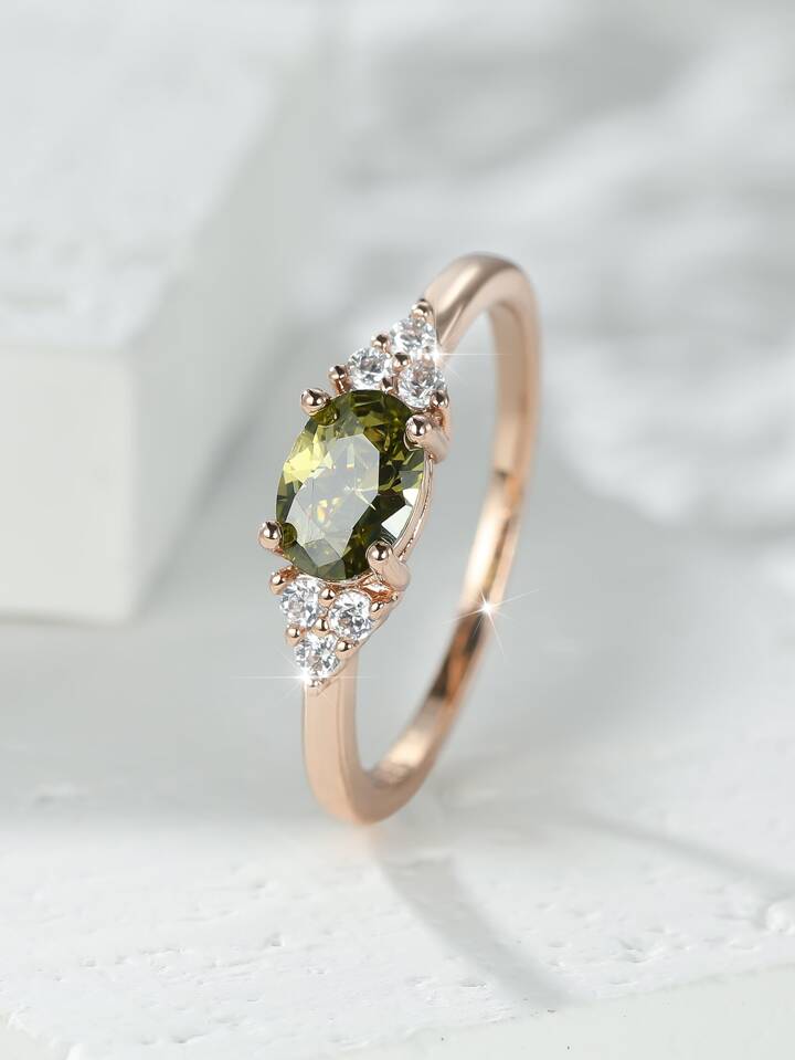 Olive Green Stone Ring Rose Gold Color Oval Zircon