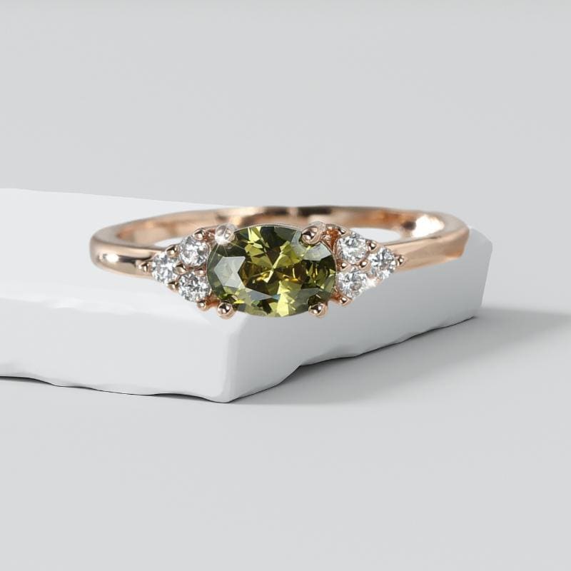 Olive Green Stone Ring Rose Gold Color Oval Zircon